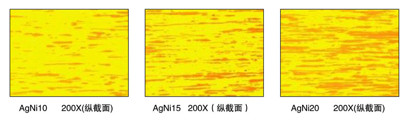 AgNi10 200X(纵截面),AgNi15 200X(纵截面),AgNi20 200X(纵截面)